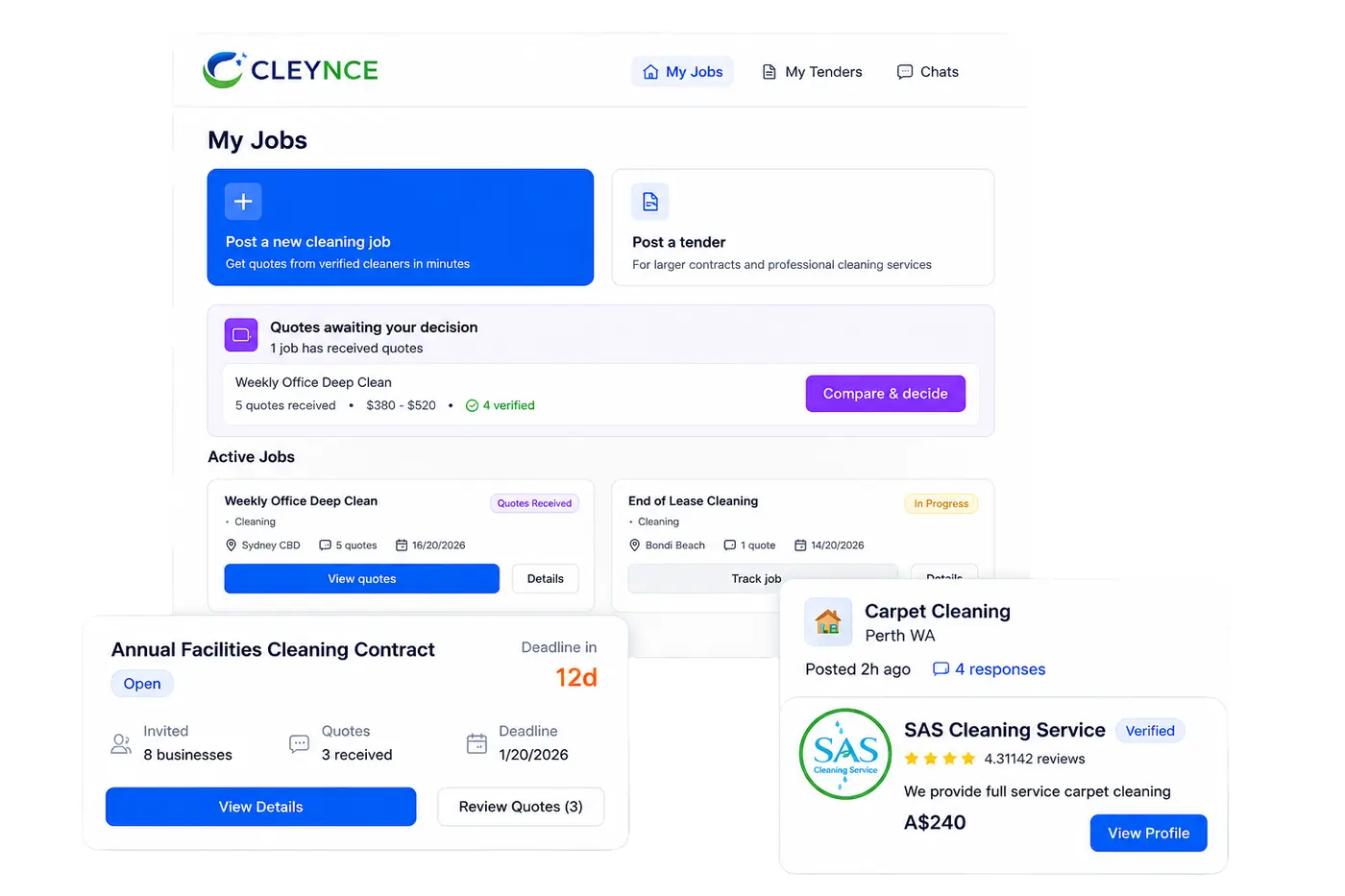 Cleynce platform dashboard showing cleaning job listings
